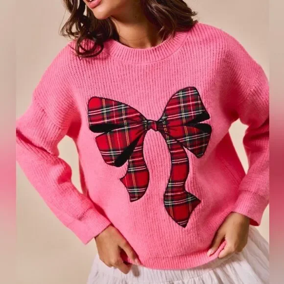 SO ME Women's Pink Plaid Bow Appliqué Sweater Medium | Oversized Holiday Knit Pu - Picture 5 of 9